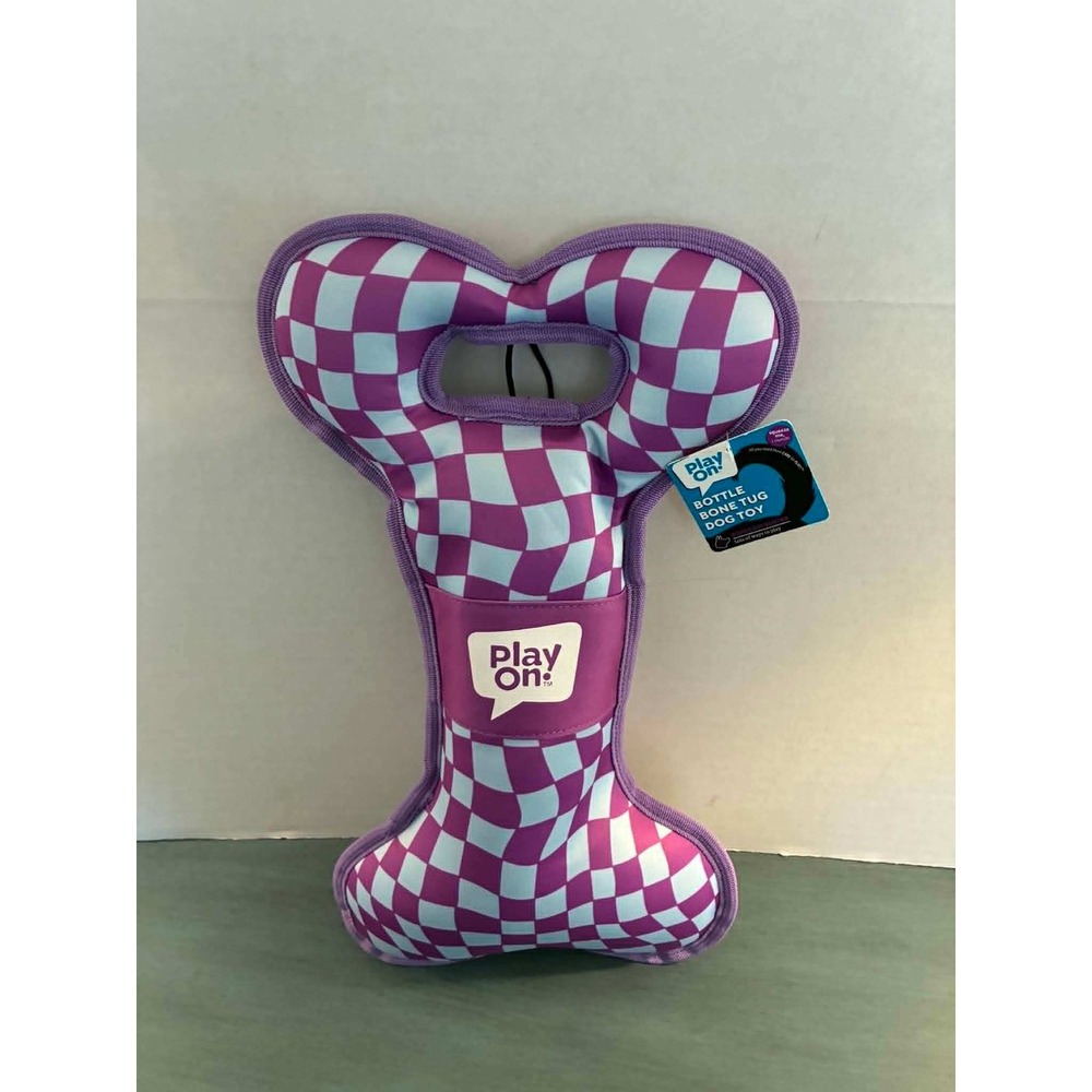 Play On Bottle Bone Tug Dog Toy Purple Blue Checkered Squeaky Crinkle Crunch